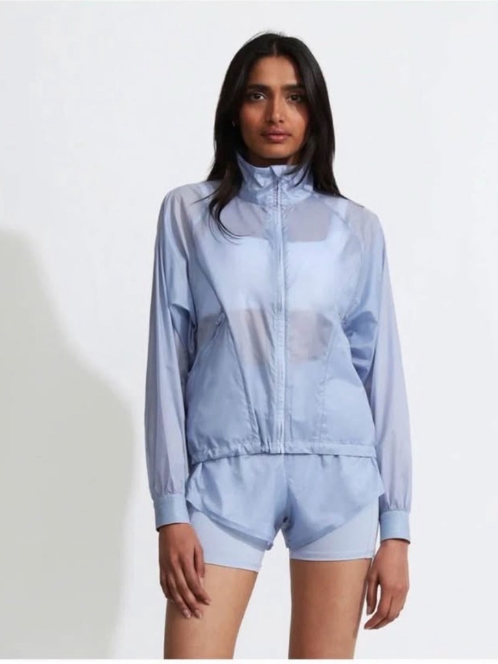 Varley Light Blue Nylon Sheer Jacket and Athletic Shorts with Elastic Waistband
